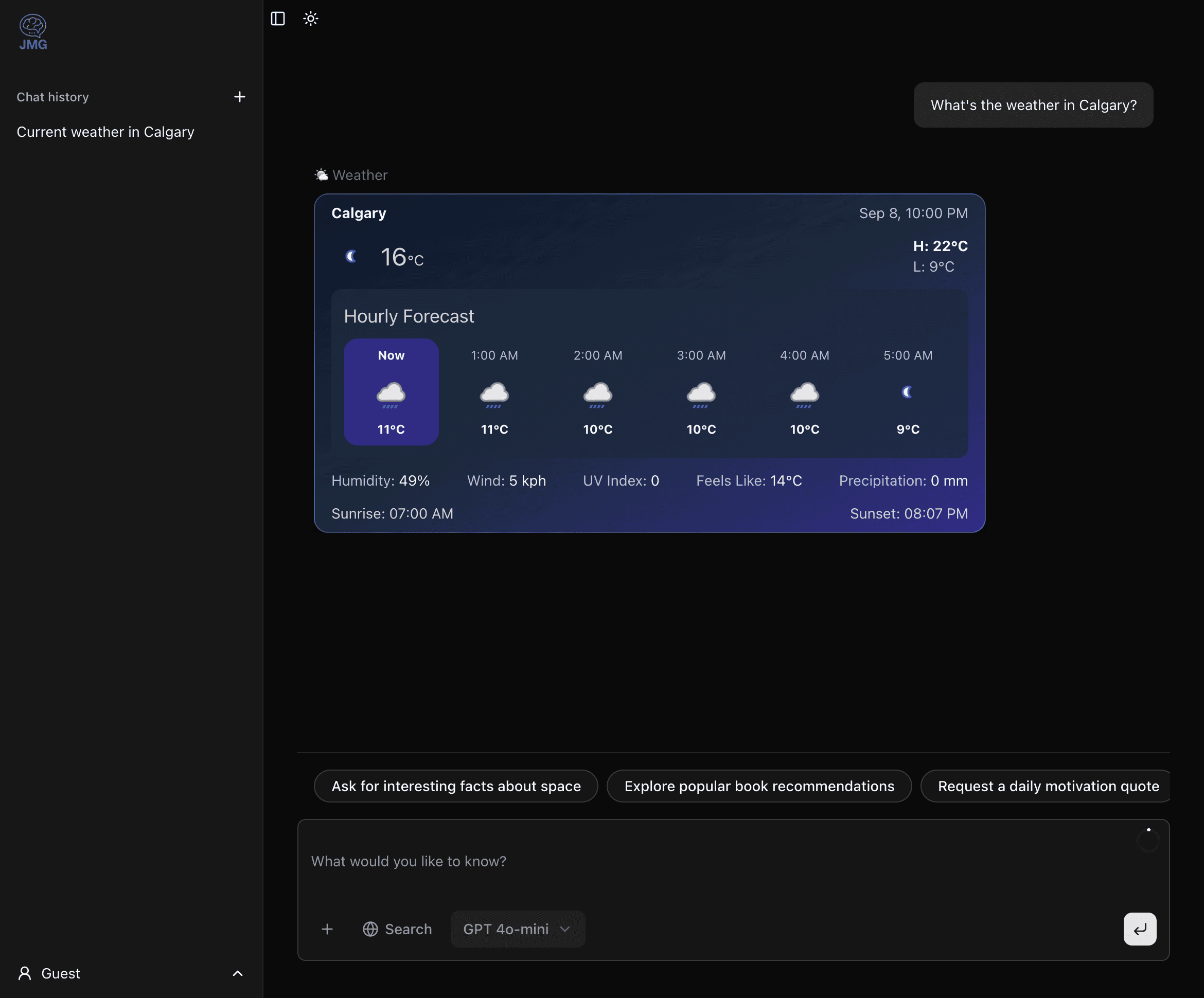 The JMG Chatbot interface: a sidebar of saved conversations, the question “What’s the weather in Calgary?”, and the weather card returned by the tool call — 16°C, an hourly forecast, and readings for humidity, wind, UV index and precipitation. Below it, the composer with its web-search toggle and model picker.