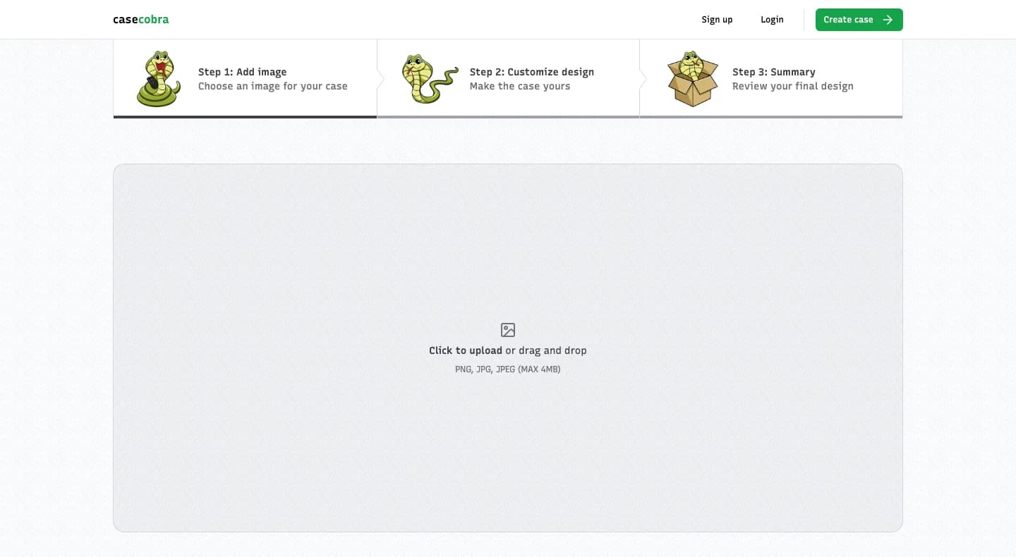The CaseCobra configurator: a three-step bar reading add image, customise design and summary, above the drop target for the photo